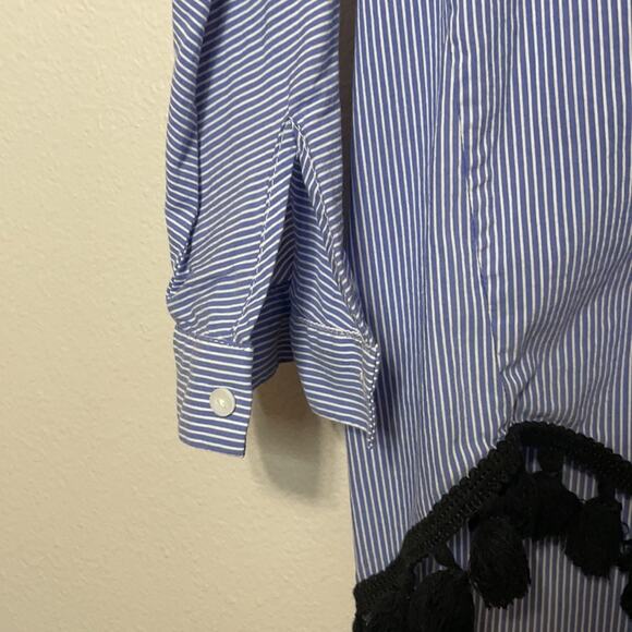 ZARA Woman Blue and White Striped Button Down Blouse with Tassels Size XS - Picture 6 of 8